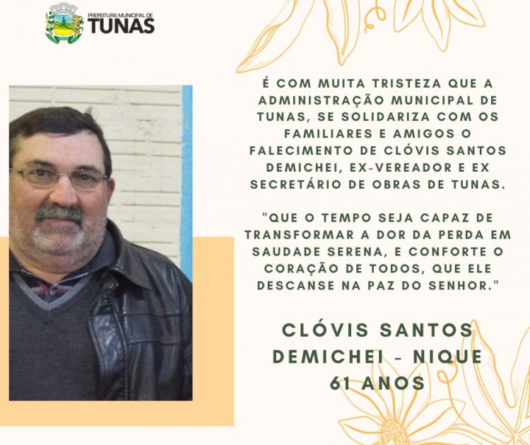 ADMINISTRAÇÃO MUNICIPAL DECRETA LUTO OFICIAL PELO FALECIMENTO DE CLÓVIS SANTO DEMIQUEI (NIQUE)