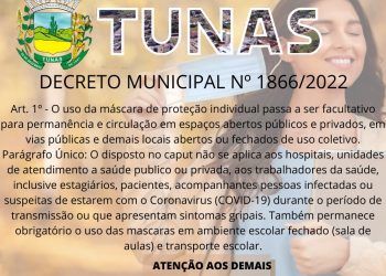 MUNICÍPIO DE TUNAS FAZ DECRETO DE LIBERAÇÃO DO USO DE MÁSCARA