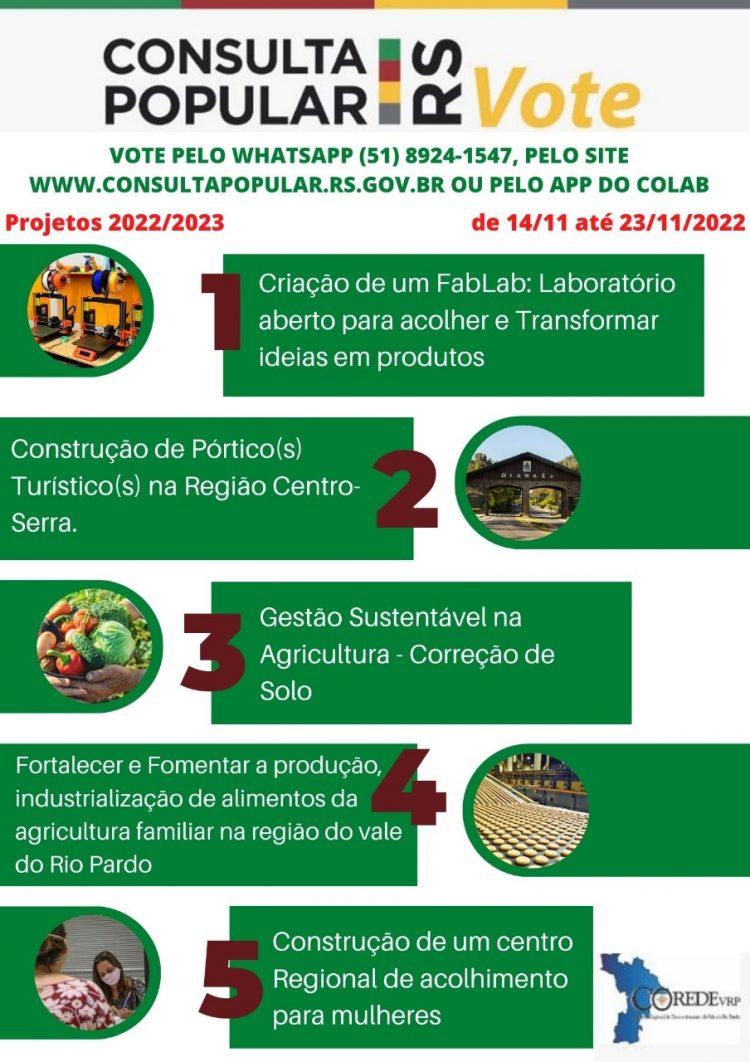 PARTICIPE DA CONSULTA POPULAR 2022!  O SEU VOTO CONTRIBUI COM O DESENVOLVIMENTO DA REGIÃO!   R$ 1.857.142,86   PODENDO TER UM PLUS DE R$ 1 MILHÃO DE REAIS SE FORMOS O COREDE COM MAIOR VOTAÇÃO EM RELAÇÃO AOS ELEITORES.